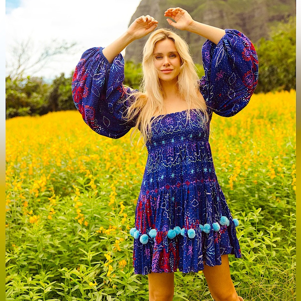 Authentic Sundress👗 Flare Sleeve PomPom Dress in Saint Tropez Royal Blue NWT!